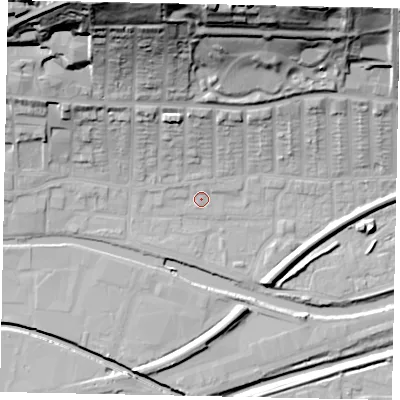 Shaded relief map of the ground around LN25EG, computed from Environment Agency LiDAR. The ground here sits at about 5 m above sea level and falls 46 m across the surrounding 800 m. Surface water reaching this point runs off ground lying to the north-north-east, 1.7 m higher.