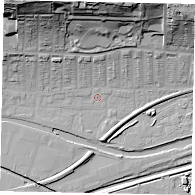 Shaded relief map of the ground around LN25EH, computed from Environment Agency LiDAR. The ground here sits at about 5 m above sea level and falls 47 m across the surrounding 800 m. Surface water reaching this point runs off ground lying to the north, 10.9 m higher.