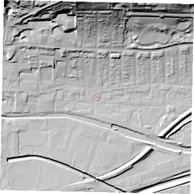 Shaded relief map of the ground around LN25EJ, computed from Environment Agency LiDAR. The ground here sits at about 5 m above sea level and falls 44 m across the surrounding 800 m. Surface water reaching this point runs off ground lying to the north-north-west, 41.0 m higher.