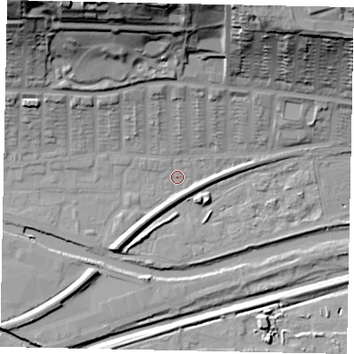 Shaded relief map of the ground around LN25EP, computed from Environment Agency LiDAR. The ground here sits at about 5 m above sea level and falls 43 m across the surrounding 800 m. Surface water reaching this point runs off ground lying to the north, 39.4 m higher.