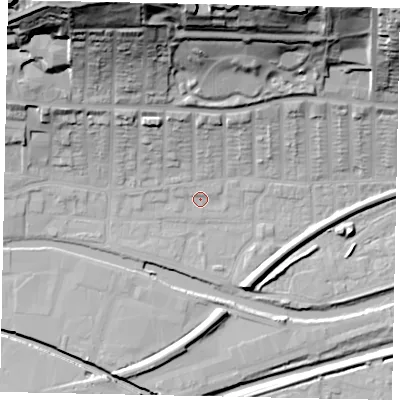 Shaded relief map of the ground around LN25EQ, computed from Environment Agency LiDAR. The ground here sits at about 5 m above sea level and falls 47 m across the surrounding 800 m. Surface water reaching this point runs off ground lying to the north-north-west, 1.6 m higher.