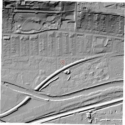 Shaded relief map of the ground around LN25ES, computed from Environment Agency LiDAR. The ground here sits at about 5 m above sea level and falls 45 m across the surrounding 800 m. Surface water reaching this point runs off ground lying to the north, 40.1 m higher.