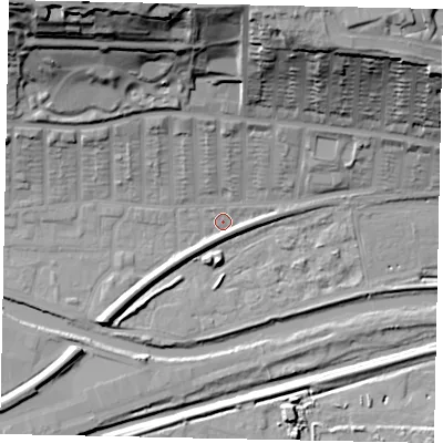 Shaded relief map of the ground around LN25ET, computed from Environment Agency LiDAR. The ground here sits at about 5 m above sea level and falls 45 m across the surrounding 800 m. Surface water reaching this point runs off ground lying to the north-north-east, 39.4 m higher.