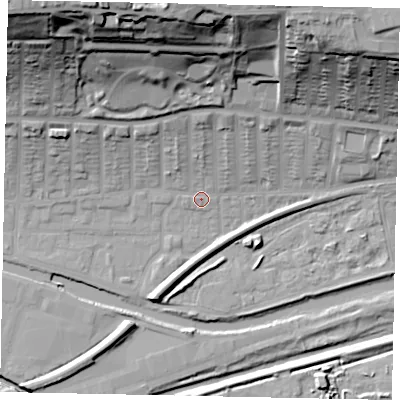 Shaded relief map of the ground around LN25EW, computed from Environment Agency LiDAR. The ground here sits at about 6 m above sea level and falls 48 m across the surrounding 800 m. Surface water reaching this point runs off ground lying to the north, 40.2 m higher.
