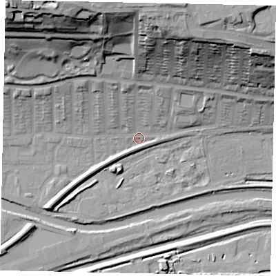 Shaded relief map of the ground around LN25EY, computed from Environment Agency LiDAR. The ground here sits at about 6 m above sea level and falls 47 m across the surrounding 800 m. Surface water reaching this point runs off ground lying to the north-north-east, 39.7 m higher.