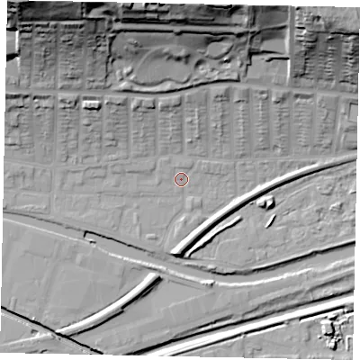 Shaded relief map of the ground around LN25EZ, computed from Environment Agency LiDAR. The ground here sits at about 5 m above sea level and falls 46 m across the surrounding 800 m. Surface water reaching this point runs off ground lying to the north, 39.1 m higher.