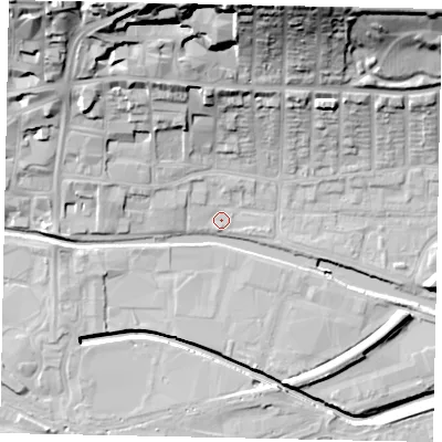 Shaded relief map of the ground around LN25HA, computed from Environment Agency LiDAR. The ground here sits at about 5 m above sea level and falls 33 m across the surrounding 800 m. Surface water reaching this point runs off ground lying to the north-west, 2.0 m higher.