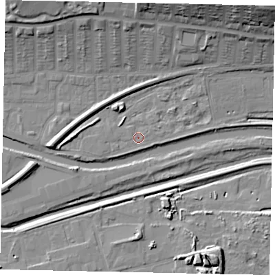 Shaded relief map of the ground around LN25TB, computed from Environment Agency LiDAR. The ground here sits at about 5 m above sea level and falls 26 m across the surrounding 800 m. Surface water reaching this point runs off ground lying to the south-south-west, 1.4 m higher.