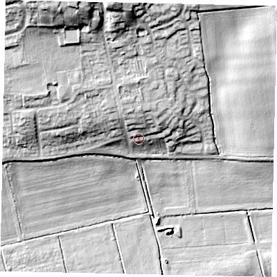Shaded relief map of the ground around LN34AE, computed from Environment Agency LiDAR. The ground here sits at about 9 m above sea level and falls 23 m across the surrounding 800 m. Surface water reaching this point runs off ground lying to the north, 5.1 m higher.