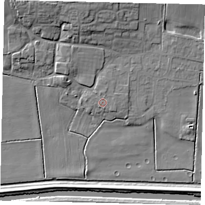 Shaded relief map of the ground around LN34ER, computed from Environment Agency LiDAR. The ground here sits at about 5 m above sea level and falls 14 m across the surrounding 800 m. Surface water reaching this point runs off ground lying to the north, 1.0 m higher.