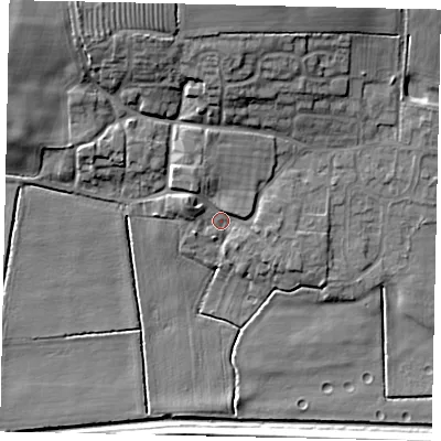 Shaded relief map of the ground around LN34ES, computed from Environment Agency LiDAR. The ground here sits at about 5 m above sea level and falls 15 m across the surrounding 800 m. Surface water reaching this point runs off ground lying to the north, 9.3 m higher.