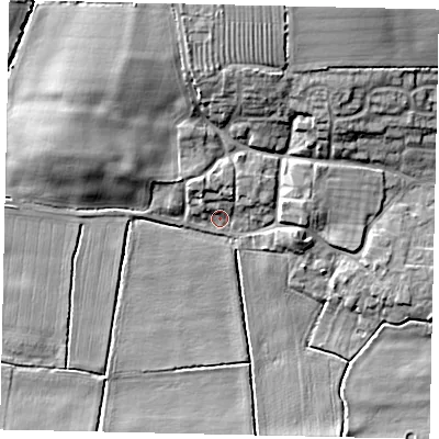 Shaded relief map of the ground around LN34ET, computed from Environment Agency LiDAR. The ground here sits at about 5 m above sea level and falls 16 m across the surrounding 800 m. Surface water reaching this point runs off ground lying to the north, 3.9 m higher.