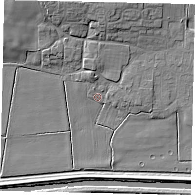 Shaded relief map of the ground around LN34FS, computed from Environment Agency LiDAR. The ground here sits at about 4 m above sea level and falls 14 m across the surrounding 800 m. Surface water reaching this point runs off ground lying to the north-north-west, 4.5 m higher.
