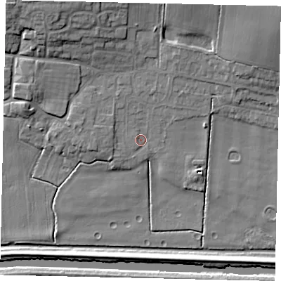 Shaded relief map of the ground around LN34HN, computed from Environment Agency LiDAR. The ground here sits at about 4 m above sea level and falls 14 m across the surrounding 800 m. Surface water reaching this point runs off ground lying to the north-north-west, 9.8 m higher.