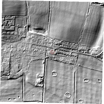 Shaded relief map of the ground around LN34HP, computed from Environment Agency LiDAR. The ground here sits at about 5 m above sea level and falls 17 m across the surrounding 800 m. Surface water reaching this point runs off ground lying to the north-north-east, 4.1 m higher.
