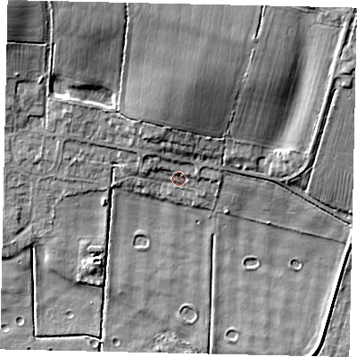 Shaded relief map of the ground around LN34HS, computed from Environment Agency LiDAR. The ground here sits at about 4 m above sea level and falls 15 m across the surrounding 800 m. Surface water reaching this point runs off ground lying to the north, 10.1 m higher.