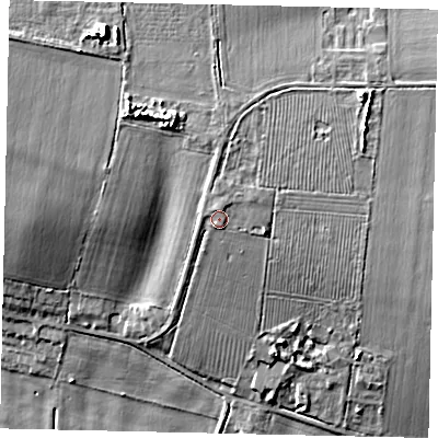 Shaded relief map of the ground around LN34HT, computed from Environment Agency LiDAR. The ground here sits at about 14 m above sea level and falls 17 m across the surrounding 800 m. Surface water reaching this point runs off ground lying to the north, 1.2 m higher.