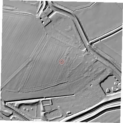 Shaded relief map of the ground around LN34HU, computed from Environment Agency LiDAR. The ground here sits at about 8 m above sea level and falls 11 m across the surrounding 800 m. Surface water reaching this point runs off ground lying to the west, 0.8 m higher.