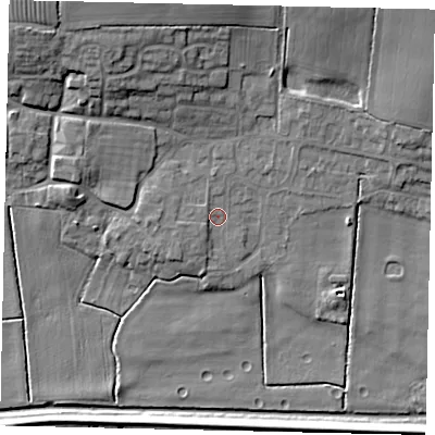 Shaded relief map of the ground around LN34HY, computed from Environment Agency LiDAR. The ground here sits at about 4 m above sea level and falls 15 m across the surrounding 800 m. Surface water reaching this point runs off ground lying to the west, 1.9 m higher.