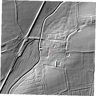 Shaded relief map of the ground around LN35AA, computed from Environment Agency LiDAR. The ground here sits at about 15 m above sea level and falls 10 m across the surrounding 800 m. Surface water reaching this point runs off ground lying to the east, 4.2 m higher.