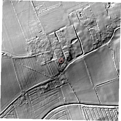 Shaded relief map of the ground around LN35AB, computed from Environment Agency LiDAR. The ground here sits at about 23 m above sea level and falls 10 m across the surrounding 800 m. Surface water reaching this point runs off ground lying to the north-west, 1.5 m higher.