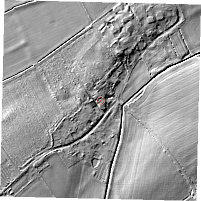 Shaded relief map of the ground around LN35AE, computed from Environment Agency LiDAR. The ground here sits at about 25 m above sea level and falls 7 m across the surrounding 800 m. Surface water reaching this point runs off ground lying to the north-north-west, 3.1 m higher.