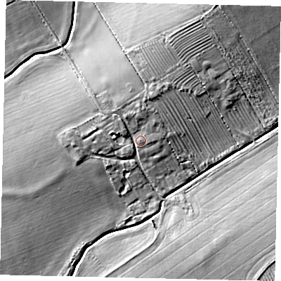 Shaded relief map of the ground around LN35AL, computed from Environment Agency LiDAR. The ground here sits at about 18 m above sea level and falls 11 m across the surrounding 800 m. Surface water reaching this point runs off ground lying to the north, 3.1 m higher.