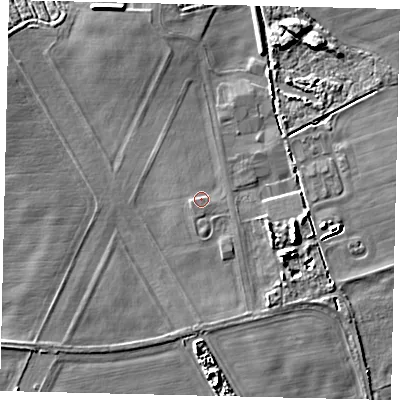 Shaded relief map of the ground around LN35AX, computed from Environment Agency LiDAR. The ground here sits at about 25 m above sea level and falls 10 m across the surrounding 800 m. Surface water reaching this point runs off ground lying to the south, 0.7 m higher.