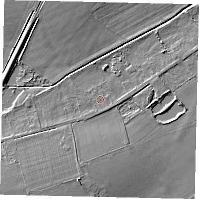 Shaded relief map of the ground around LN35BB, computed from Environment Agency LiDAR. The ground here sits at about 8 m above sea level and falls 6 m across the surrounding 800 m. Surface water reaching this point runs off ground lying to the south-east, 0.8 m higher.