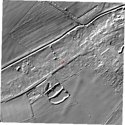 Shaded relief map of the ground around LN35BD, computed from Environment Agency LiDAR. The ground here sits at about 8 m above sea level and falls 8 m across the surrounding 800 m. Surface water reaching this point runs off ground lying to the north-north-east, 0.8 m higher.