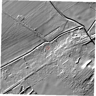 Shaded relief map of the ground around LN35BH, computed from Environment Agency LiDAR. The ground here sits at about 7 m above sea level and falls 9 m across the surrounding 800 m. Surface water reaching this point runs off ground lying to the east-south-east, 2.6 m higher.