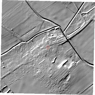 Shaded relief map of the ground around LN35BJ, computed from Environment Agency LiDAR. The ground here sits at about 8 m above sea level and falls 8 m across the surrounding 800 m. Surface water reaching this point runs off ground lying to the south-west, 1.7 m higher.