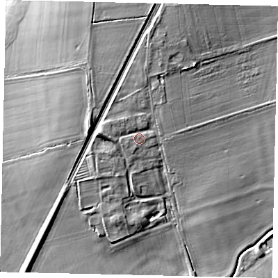 Shaded relief map of the ground around LN35BL, computed from Environment Agency LiDAR. The ground here sits at about 13 m above sea level and falls 12 m across the surrounding 800 m. Surface water reaching this point runs off ground lying to the west, 4.8 m higher.