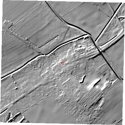 Shaded relief map of the ground around LN35BP, computed from Environment Agency LiDAR. The ground here sits at about 8 m above sea level and falls 8 m across the surrounding 800 m. Surface water reaching this point runs off ground lying to the south-south-east, 1.5 m higher.