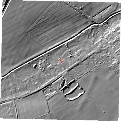 Shaded relief map of the ground around LN35BS, computed from Environment Agency LiDAR. The ground here sits at about 7 m above sea level and falls 9 m across the surrounding 800 m. Surface water reaching this point runs off ground lying to the east-north-east, 1.8 m higher.