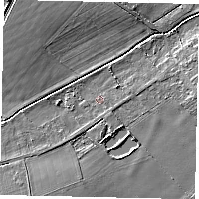 Shaded relief map of the ground around LN35BU, computed from Environment Agency LiDAR. The ground here sits at about 8 m above sea level and falls 9 m across the surrounding 800 m. Surface water reaching this point runs off ground lying to the north-east, 1.8 m higher.
