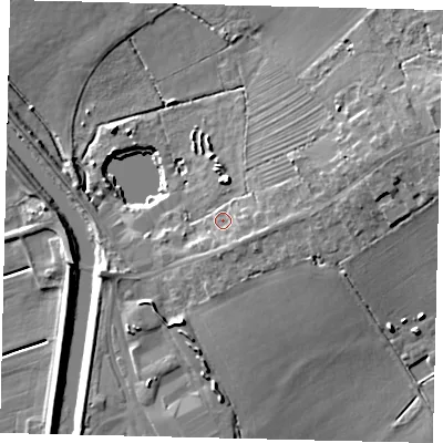 Shaded relief map of the ground around LN35BX, computed from Environment Agency LiDAR. The ground here sits at about 5 m above sea level and falls 14 m across the surrounding 800 m. Surface water reaching this point runs off ground lying to the east, 4.1 m higher.