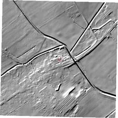 Shaded relief map of the ground around LN35BZ, computed from Environment Agency LiDAR. The ground here sits at about 8 m above sea level and falls 8 m across the surrounding 800 m. Surface water reaching this point runs off ground lying to the east-south-east, 1.2 m higher.