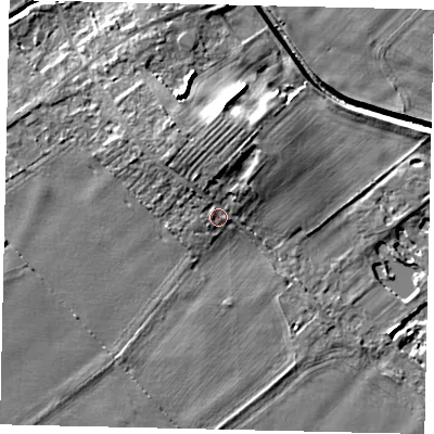 Shaded relief map of the ground around LN35DF, computed from Environment Agency LiDAR. The ground here sits at about 8 m above sea level and falls 8 m across the surrounding 800 m. Surface water reaching this point runs off ground lying to the north, 3.1 m higher.