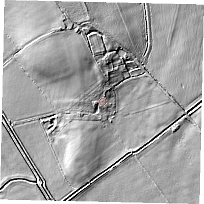 Shaded relief map of the ground around LN35DG, computed from Environment Agency LiDAR. The ground here sits at about 6 m above sea level and falls 10 m across the surrounding 800 m. Surface water reaching this point runs off ground lying to the north-north-west, 5.5 m higher.