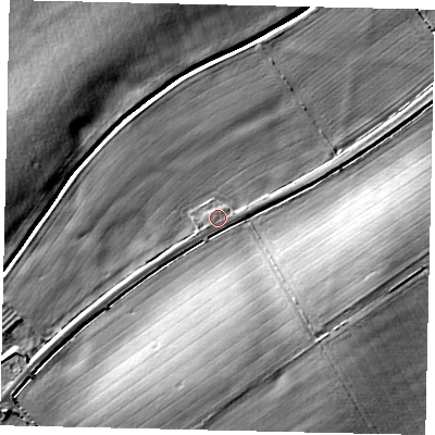 Shaded relief map of the ground around LN35DH, computed from Environment Agency LiDAR. The ground here sits at about 9 m above sea level and falls 12 m across the surrounding 800 m. Surface water reaching this point runs off ground lying to the south-east, 0.7 m higher.