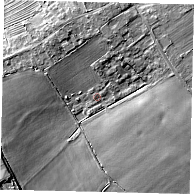 Shaded relief map of the ground around LN35DN, computed from Environment Agency LiDAR. The ground here sits at about 6 m above sea level and falls 12 m across the surrounding 800 m. Surface water reaching this point runs off ground lying to the north-north-east, 7.1 m higher.