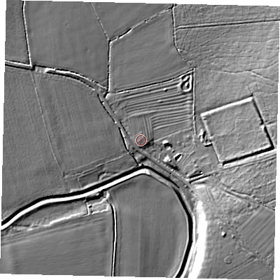 Shaded relief map of the ground around LN35DQ, computed from Environment Agency LiDAR. The ground here sits at about 6 m above sea level and falls 12 m across the surrounding 800 m. Surface water reaching this point runs off ground lying to the east, 9.5 m higher.