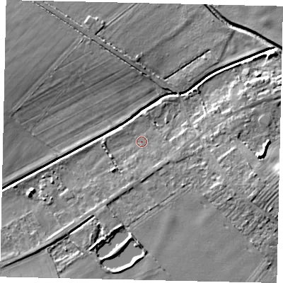Shaded relief map of the ground around LN35DW, computed from Environment Agency LiDAR. The ground here sits at about 7 m above sea level and falls 8 m across the surrounding 800 m. Surface water reaching this point runs off ground lying to the west-south-west, 2.0 m higher.