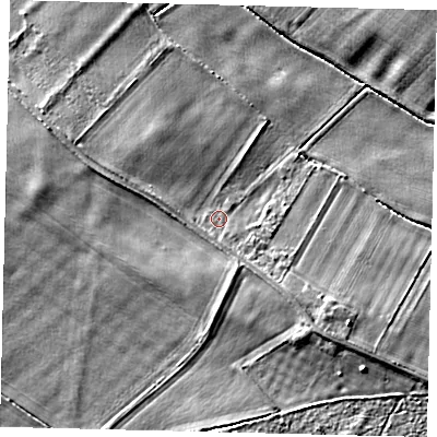 Shaded relief map of the ground around LN35SU, computed from Environment Agency LiDAR. The ground here sits at about 10 m above sea level and falls 9 m across the surrounding 800 m. Surface water reaching this point runs off ground lying to the west-north-west, 2.9 m higher.