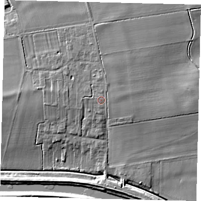 Shaded relief map of the ground around LN35TA, computed from Environment Agency LiDAR. The ground here sits at about 7 m above sea level and falls 9 m across the surrounding 800 m. Surface water reaching this point runs off ground lying to the north-north-east, 1.1 m higher.