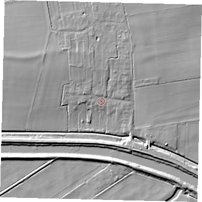 Shaded relief map of the ground around LN35TD, computed from Environment Agency LiDAR. The ground here sits at about 5 m above sea level and falls 10 m across the surrounding 800 m. Surface water reaching this point runs off ground lying to the north, 4.1 m higher.