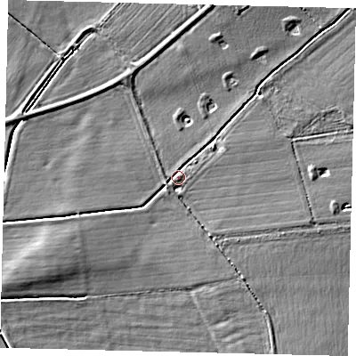 Shaded relief map of the ground around LN35TH, computed from Environment Agency LiDAR. The ground here sits at about 5 m above sea level and falls 5 m across the surrounding 800 m. Surface water reaching this point runs off ground lying to the north-east, 2.6 m higher.