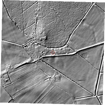 Shaded relief map of the ground around LN35TL, computed from Environment Agency LiDAR. The ground here sits at about 5 m above sea level and falls 8 m across the surrounding 800 m. Surface water reaching this point runs off ground lying to the south-south-west, 1.0 m higher.