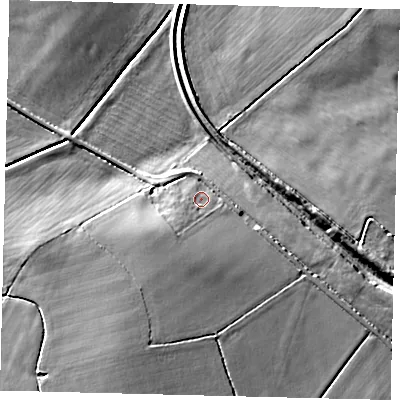 Shaded relief map of the ground around LN35TQ, computed from Environment Agency LiDAR. The ground here sits at about 6 m above sea level and falls 7 m across the surrounding 800 m. Surface water reaching this point runs off ground lying to the south-west, 2.5 m higher.